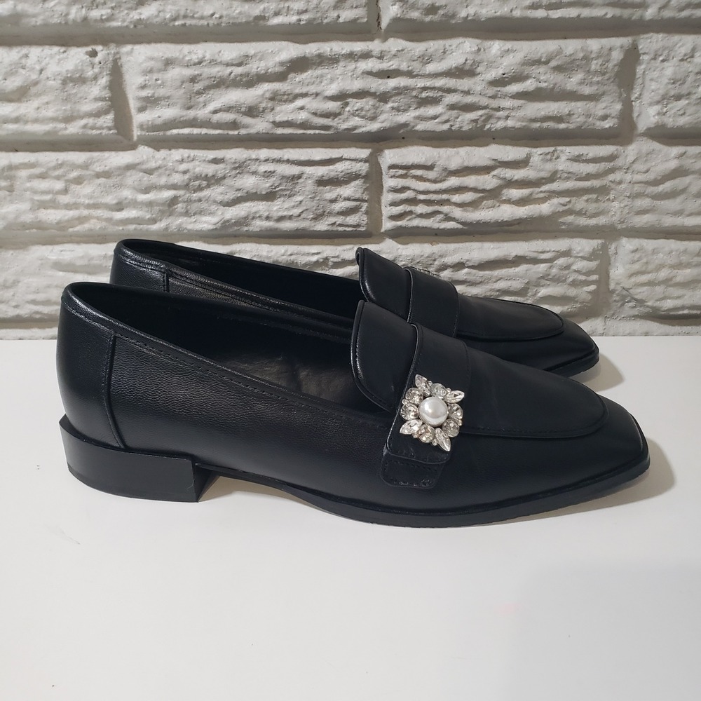NYDJ Tracee Loafers Womens 8.5 Black Leather Embellished‎ Square Toe
